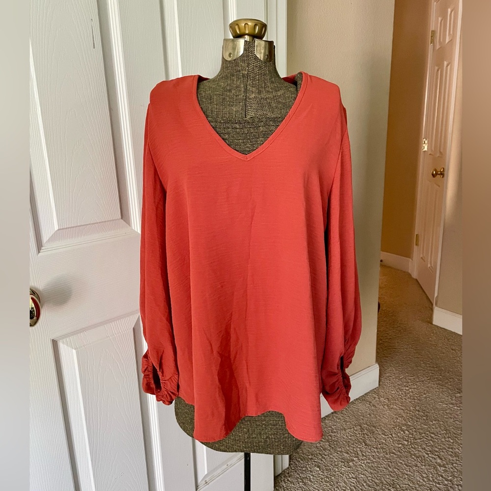 Jodifl Burnt Orange V-Neck Bubble Sleeve Blouse Boutique Boho Top Size L EUC